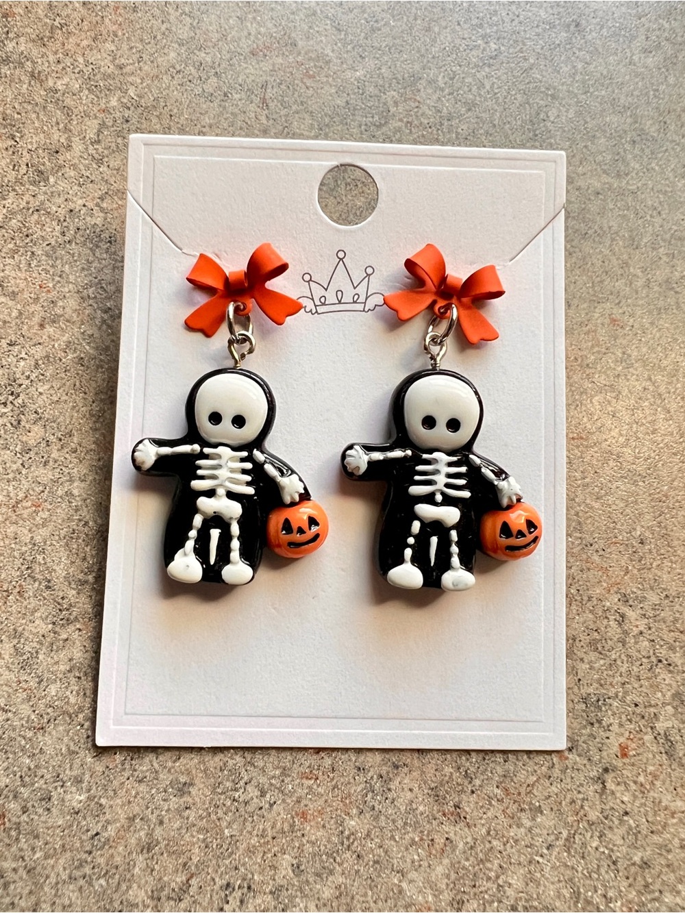 Halloween Skeleton Costume Earrings with Orange Pumpkin Bucket & Bow Post